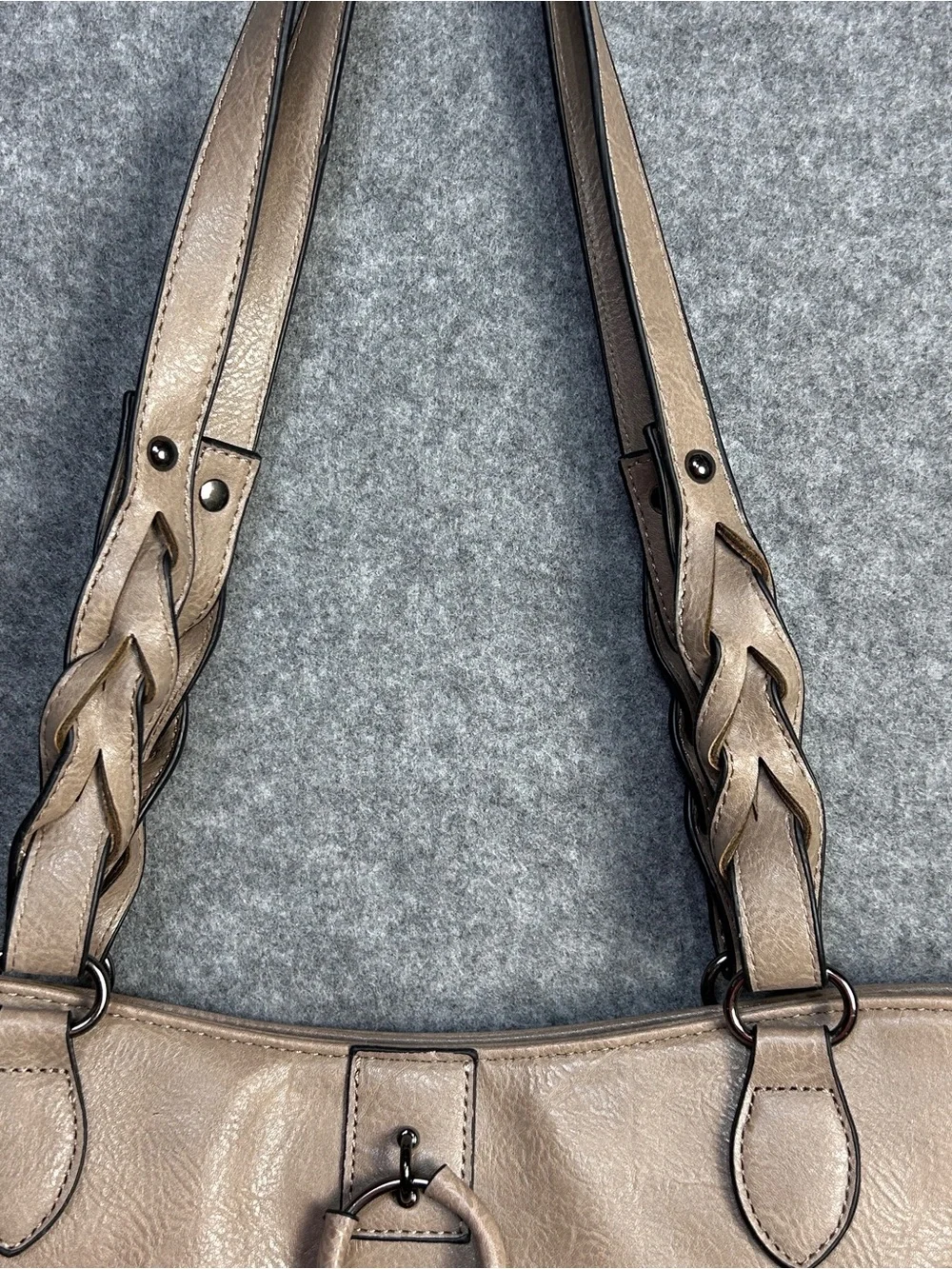 Sam & Hadley Taupe Vegan Leather Hobo Bag Purse Tassel Braided Western BohoChic